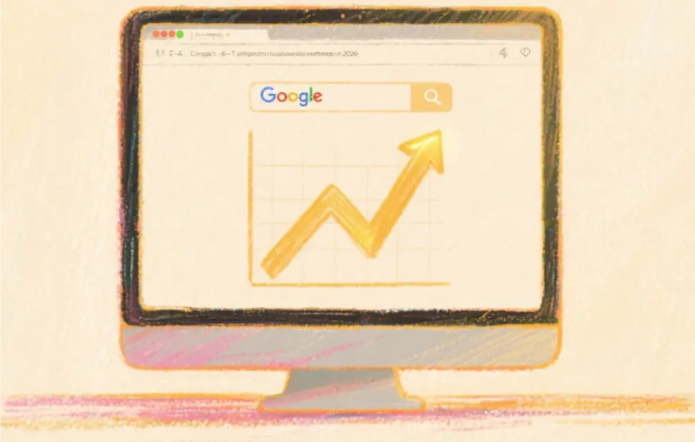 Illustration of a computer monitor displaying a gold upward-trending graph in a Google search related to E-EAT.