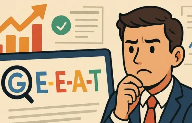 Illustration of a thoughtful man in a suit analyzing E-EAT SEO metrics on a computer with growth charts in the background.