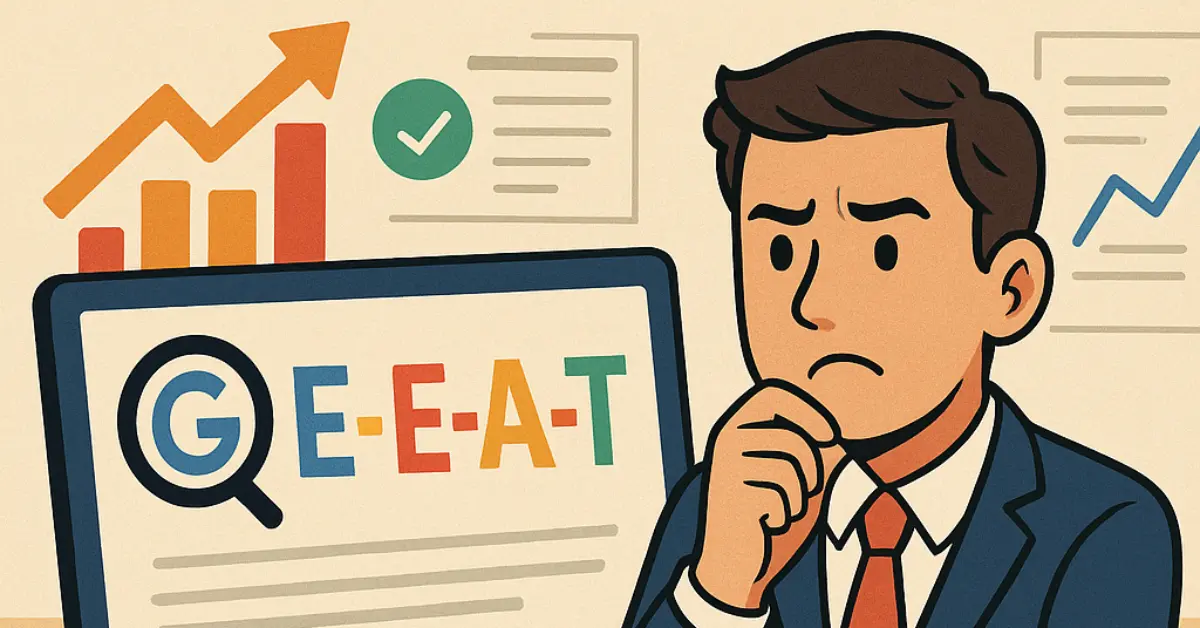 Illustration of a thoughtful man in a suit analyzing E-EAT SEO metrics on a computer with growth charts in the background.