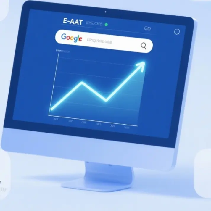 Computer screen showing an upward-trending SEO graph labeled E-EAT with a Google search bar on top.