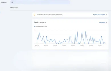 Google search console performance dashboard displaying search traffic trends and website performance data.