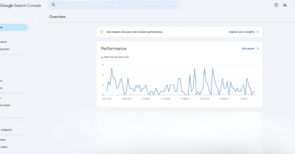 Google search console performance dashboard displaying search traffic trends and website performance data.