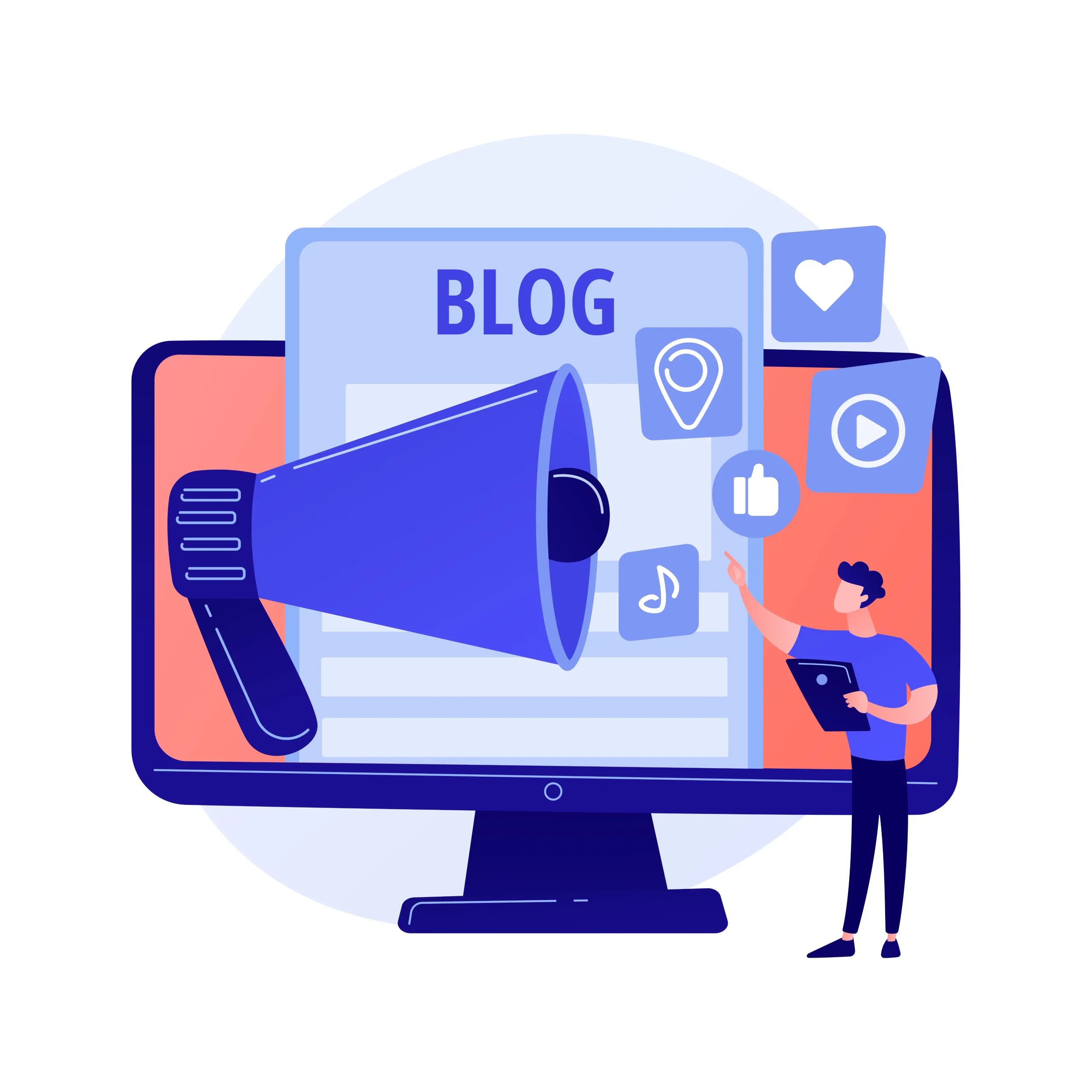 Illustration showing blog promotion with megaphone, social icons, and media elements supporting an SEO blog post strategy.